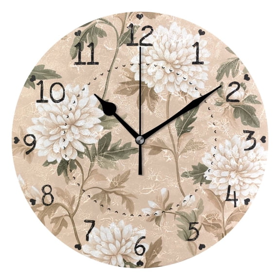 Chrysanthemum and Green Leaf Pattern Round Wall Clock Silent Battery Operated Home Decor for Living Room Bedroom