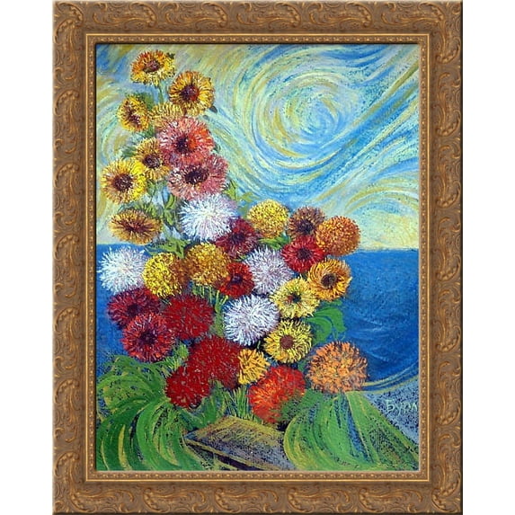 Chrysanthemums and asters 24x20 Gold Ornate Wood Framed Canvas Art by David Burliuk