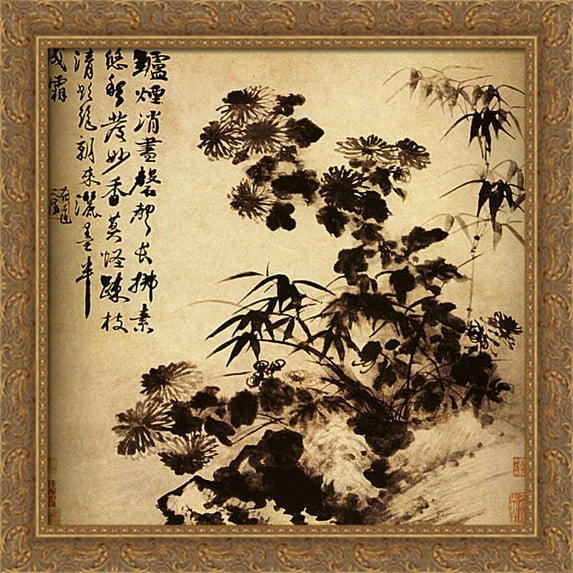 Chrysanthemums and bamboo 28x28 Large Gold Ornate Wood Framed Canvas Art by Shitao