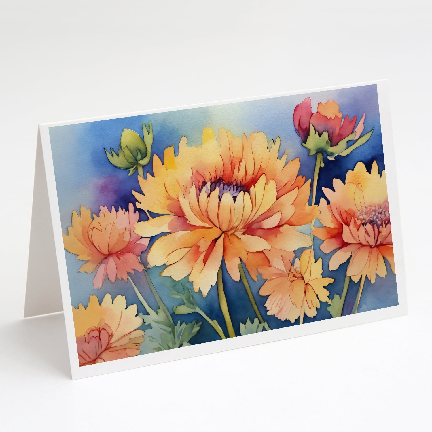 Chrysanthemums in Watercolor Greeting Cards and Envelopes Pack of 8 7 in x 5 in