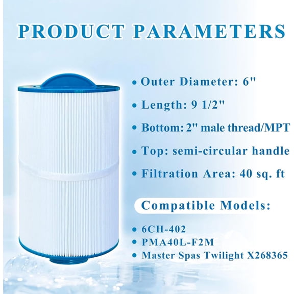 Chryseos Spa Filter Compatible with 6CH-402, Master Spas Twilight X268365, X268543, X26851, X268514, PMA40L-F2M, 40 sq. ft, 2 Pack