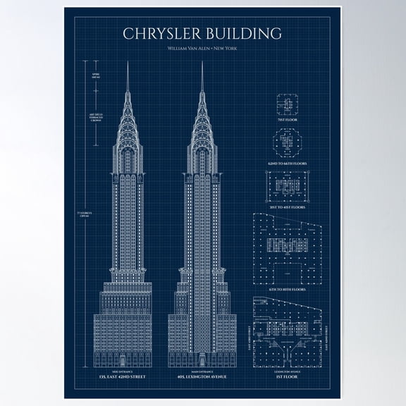 Chrysler Building. New York (Navy Blueprint) Poster Wall Art, Modern Wall Decor For Living Room Bedroom, 12x18 UNFRAMED