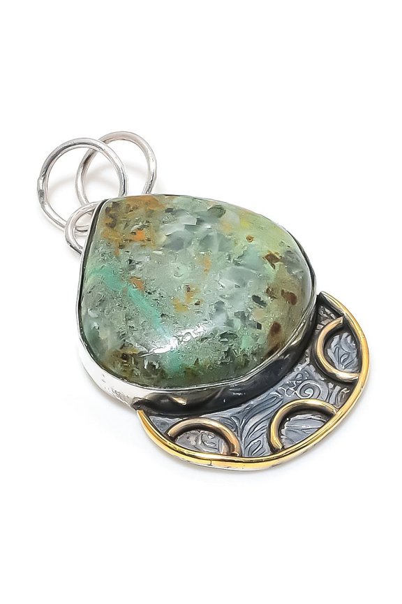 Chrysocolla Gemstone Handmade 925 Sterling Silver Jewelry Two Tone Pendant 2.01"