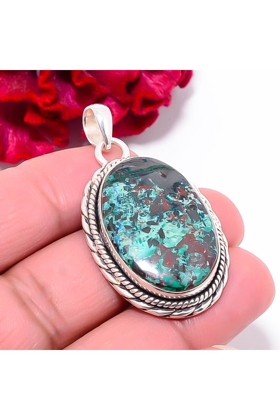 Chrysocolla - Madagascar Gemstone 925 Sterling Silver Pendant 1.95" P101938, Christmas Gift