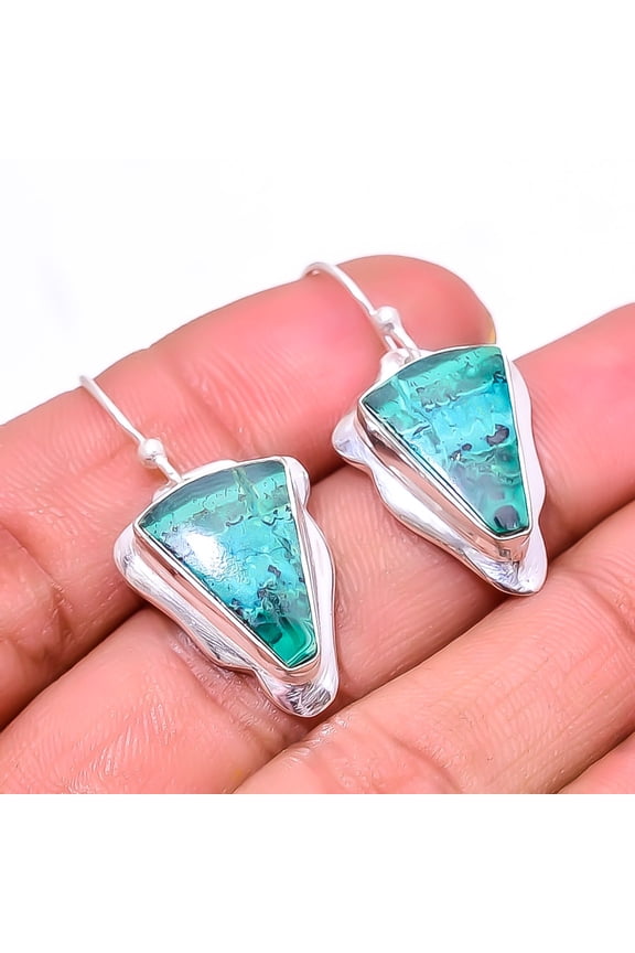 Chrysocolla Malachite 925 Sterling Silver Earring 1.37" E26518623 Christmas Gift, Handmade Jewelry, Dangle Earring