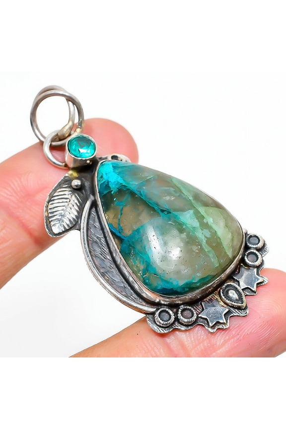 Natural Chrysocolla, Tourmaline Gemstone 925 Sterling Silver Pendant 2.25"