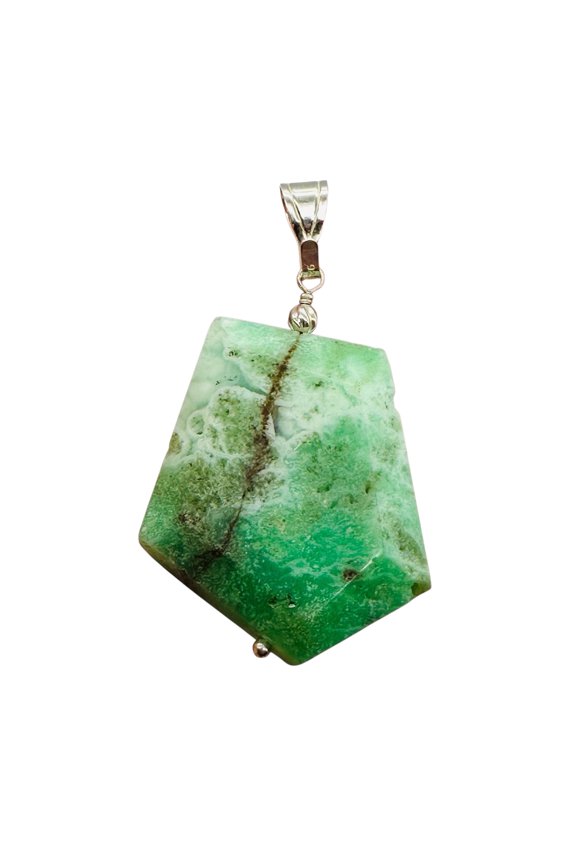 Chrysoprase Carved Sterling Silver Drop Pendant | 2" Long | Green |