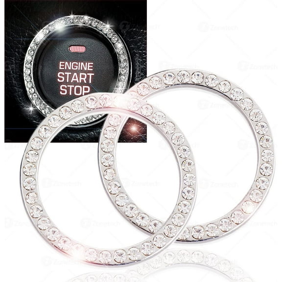 Chrystal Bling Ring Emblem Sticker- Zone Tech Rhinestone Start Engine- Ignition Button Car Key Knob-Interior Bling Push Button Auto- Decorative Decal Unique Silver Sparkly- Vehicle Rings Woman 2 pack