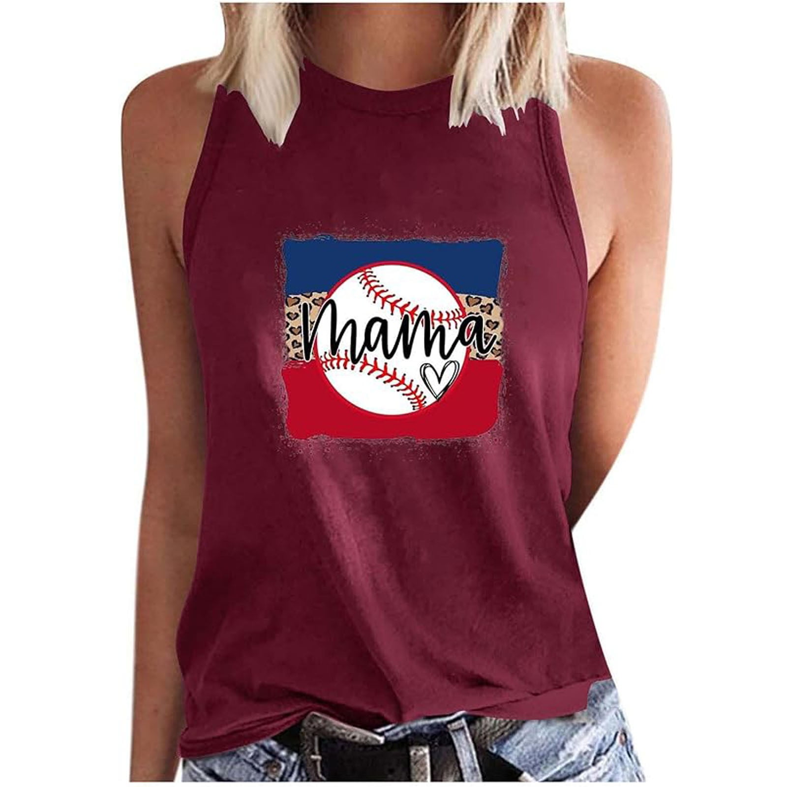 ChuChuDonRen Women's Tanks Summer Mom Lettering Baseball Print Crew