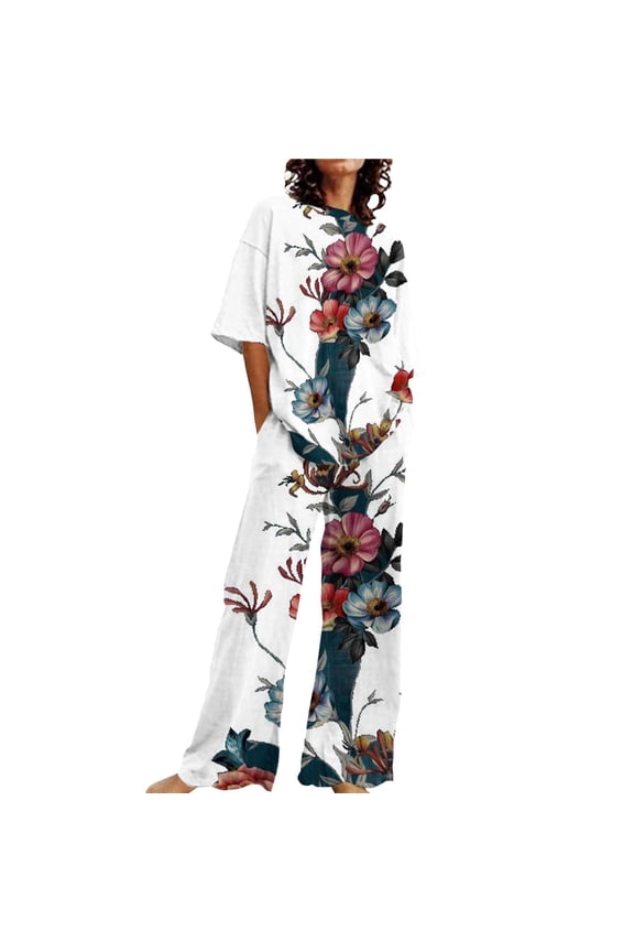 2 Piece Pants Set For Women Short Sleeve Pajamas Athleisure Sets Women Leisure Wear Sets For Women Lounge Sets For Women Two Piece Lounge Sets For Women Comfy Sets For Women Clothing White 2XL