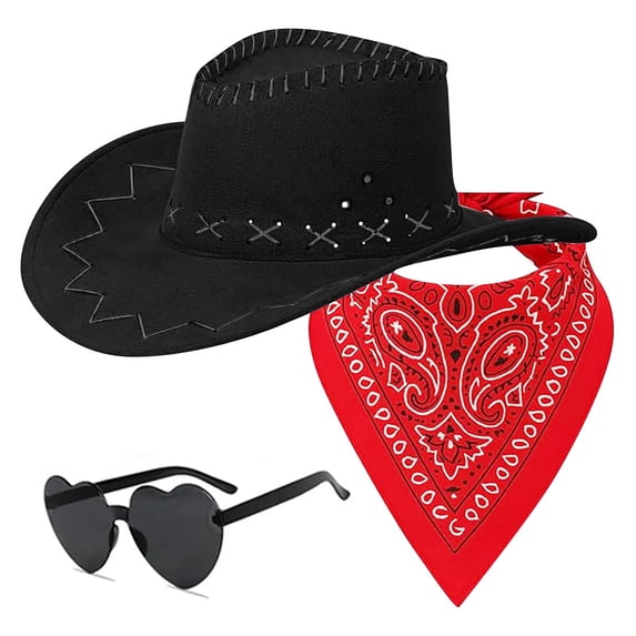 Chuancc 3 Pcs Western Cowboy Hat Set Include Hats Paisley Bandanas Heart Glasses for Party Gray One Size