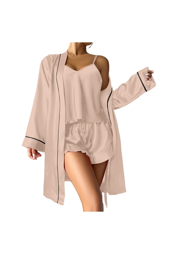 3 Piece Lounge Set 3 Pc Pajama Sets Women Robe Comfy Robe Womens Lounge Set Lightweight Summer Pajamas 3 Piece Lounge Sets for Women Travel Robe Set Brown M