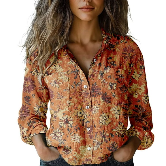 Chuancc Dressy Floral Printed Tops Casual Loose Fit Blouses Fall Shirts For Women 2025 Button Down Shirts For Women Womens Long Sleeve Tops Dressy Casual Long Sleeve Business Top Yellow S