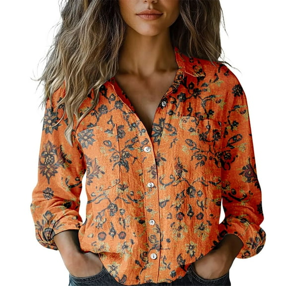 Chuancc Dressy Floral Printed Tops Casual Loose Fit Blouses Fall Shirts For Women 2025 Button Down Shirts For Women Womens Long Sleeve Tops Dressy Casual Long Sleeve Business Top Rose Gold L