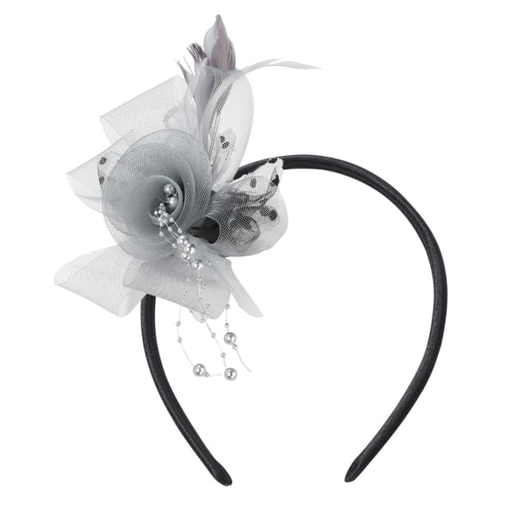 Chuancc Fascinators for Women Tea Party Headband Hats Cocktail Flower Mesh Feathers Headwear Hair Clip for Wedding Gray One Size