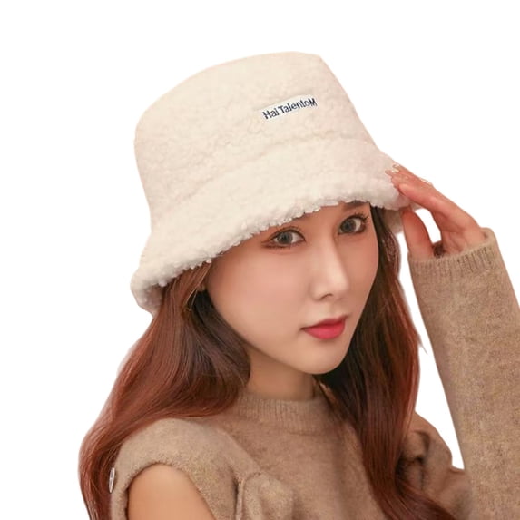 Chuancc Fluffy Faux Fur Bucket Hat for Women Men - Winter Warm Plush Fisherman Cap Solid Color Style Beige One Size