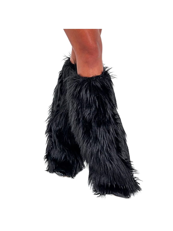 Furry Faux Fur Leg Warmers for Women - Soft Fluffy Legwarmer Winter Boot Cuffs Covers for Daily Costume Black One Size