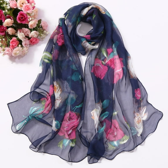 Chuancc Ladies' Silk Scarf Hijab Scarf Chiffon Sarees For Women Sun Protection Shawl Shawl Wraps For Women Chiffon Shawl Dress Scarf Navy One Size