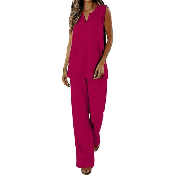 Chuancc Two Piece Set for Women Summer Outfits Vacation Trendy Lounge Sets Crew Neck Matching Sets Red M