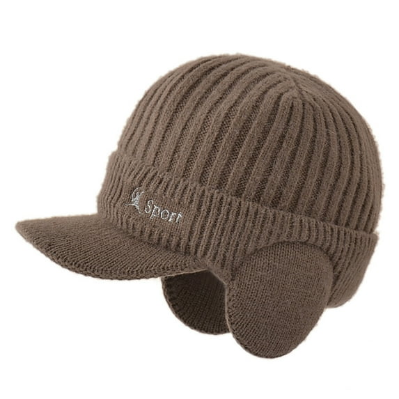 Chuancc Winter Beanie with Brim and Ear Flaps, Outdoor Warm Fleece Lined Knit Hat Stocking Caps for Men Women Khaki One Size