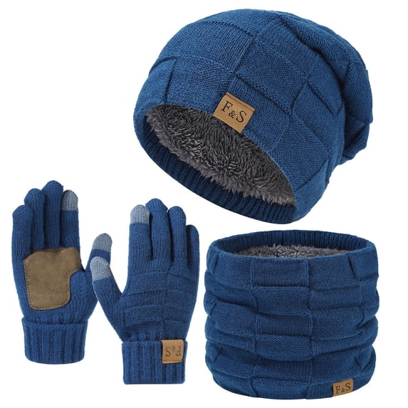 Chuancc Winter Hat Scarf Gloves Set, Slouchy Pompom Knit Beanie, Touch Screen Mittens, Circle Neck Warmer Scarves for Men Women Unisex Navy One Size