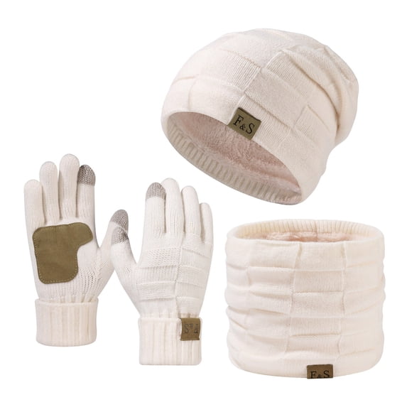 Chuancc Winter Hat Scarf Gloves Set, Slouchy Pompom Knit Beanie, Touch Screen Mittens, Circle Neck Warmer Scarves for Men Women Unisex White One Size