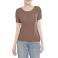 thumbnail image 1 of Chuancc Women Built-in Bra T Shirt Top Short Sleeve Crew Neck Basic Tees Casual Ribbed Knit Fitted Going Out Tops Coffee L, 1 of 9
