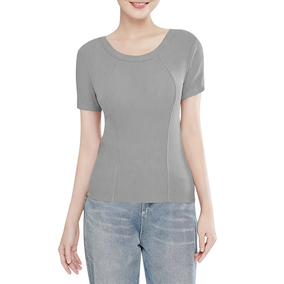 Chuancc Women Built-in Bra T Shirt Top Short Sleeve Crew Neck Basic Tees Casual Ribbed Knit Fitted Going Out Tops Gray M