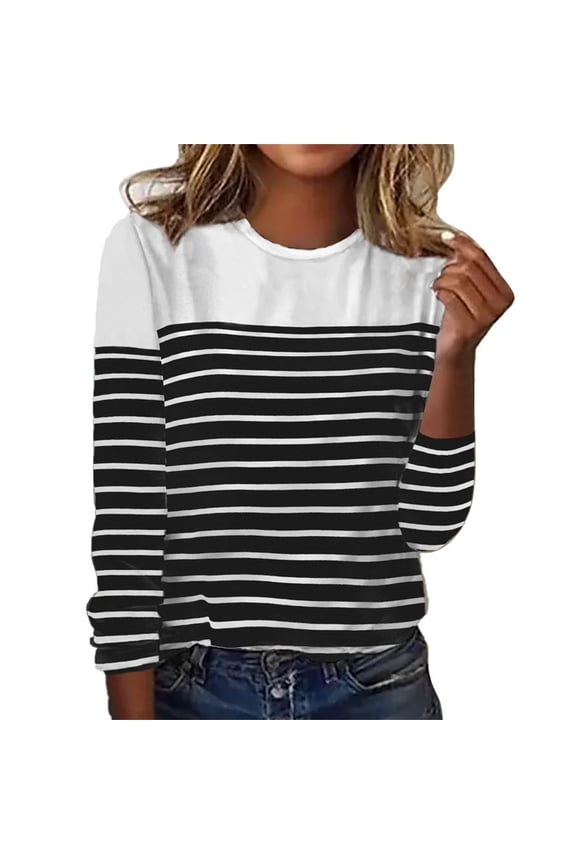 Women'S T-Shirts,Women'S Autumn and Winter New Long Sleeve Stripe Two Color Printed Spliced Round Neck Top T Shirt Tops for Women Trendy Fall Outfits for Women 2024