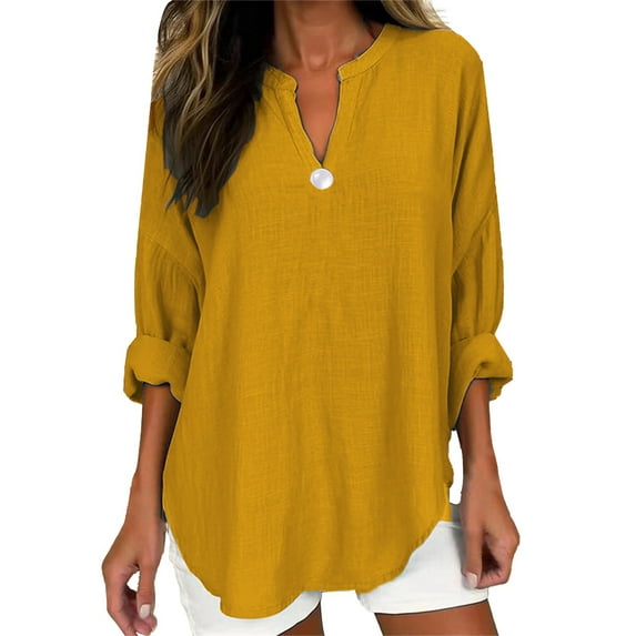 Chuancc Women'S T-Shirts,Women'S Long Sleeve Solid Color Button V Neck Cotton and Linen Shirt Loose T Shirt Tops for Women Trendy Fall Outfits for Women 2024 Clearance
