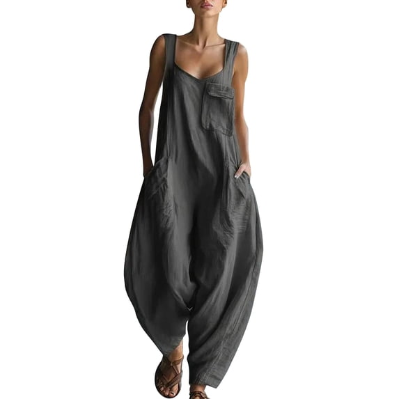 Chuancc Women's Casual Loose Overalls Jumpsuits One Piece Sleeveless Wide Leg Long Pant Rompers With Pockets Dark Gray XL