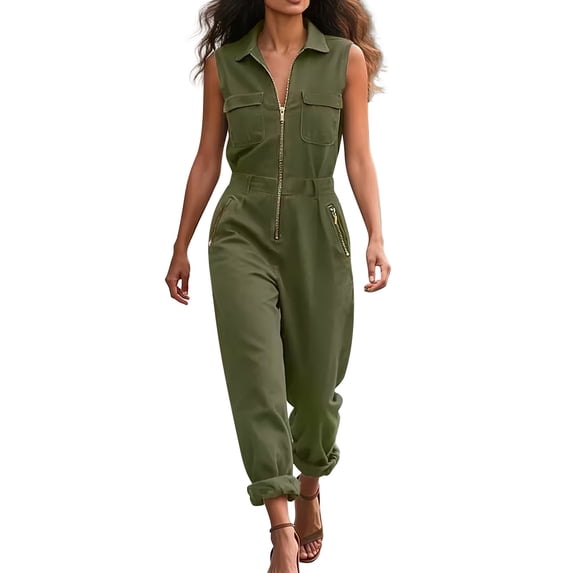 Chuancc Women's Casual Loose Overalls Jumpsuits One Piece Sleeveless Wide Leg Long Pant Rompers With Pockets Green S