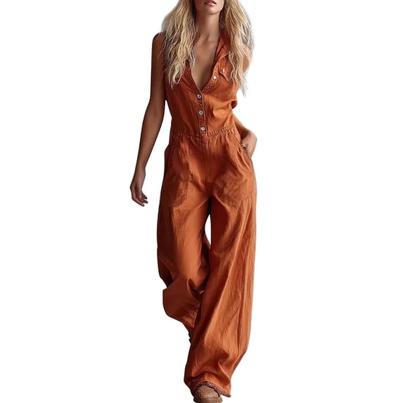 Chuancc Women's Casual Loose Overalls Jumpsuits One Piece Sleeveless Wide Leg Long Pant Rompers With Pockets Orange M