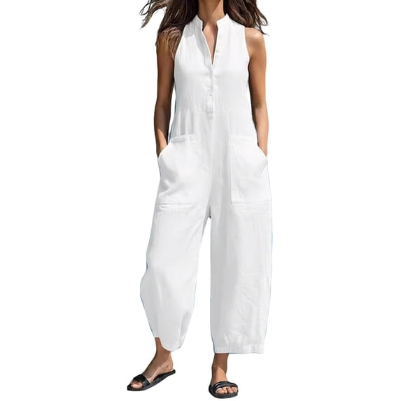 Chuancc Women's Casual Loose Overalls Jumpsuits One Piece Sleeveless Wide Leg Long Pant Rompers With Pockets White 2XL