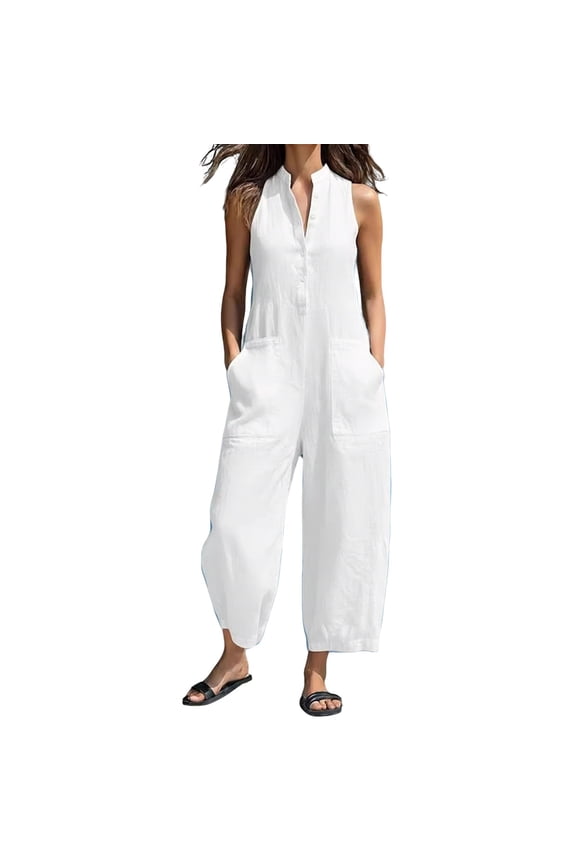 Women's Casual Loose Overalls Jumpsuits One Piece Sleeveless Wide Leg Long Pant Rompers With Pockets White M