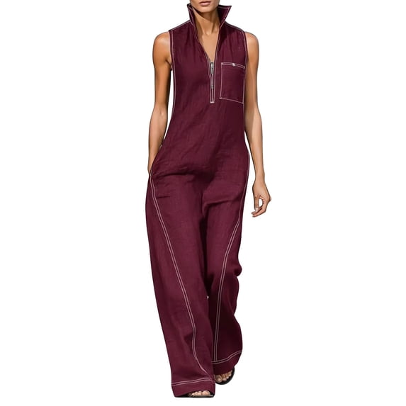 Chuancc Women's Casual Loose Overalls Jumpsuits One Piece Sleeveless Wide Leg Long Pant Rompers With Pockets Wine 2XL