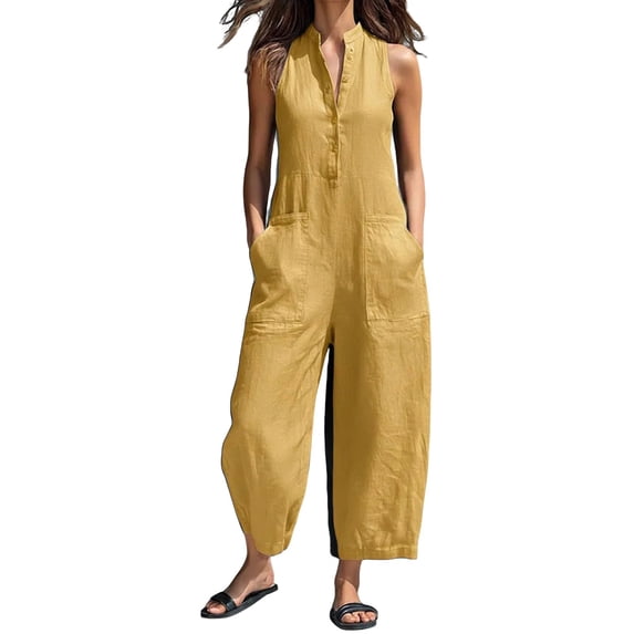 Chuancc Women's Casual Loose Overalls Jumpsuits One Piece Sleeveless Wide Leg Long Pant Rompers With Pockets Yellow L