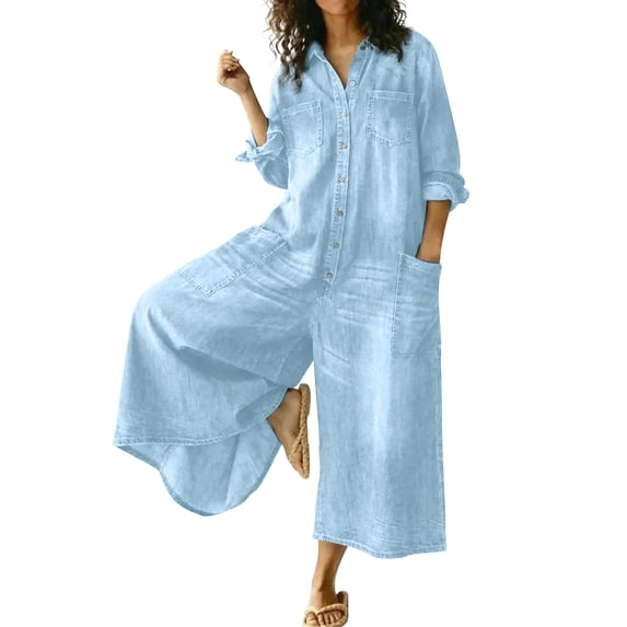 Chuancc Women's Fall Jumpsuits Dressy Casual Pants Romper Spring Long Sleeve V Neck Pockets One Piece Outfits Sky Blue S
