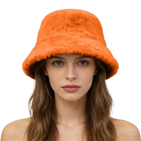 Chuancc Women's Faux Fur Bucket Hat - Winter Warm Plush Fisherman Cap for Cold Days Orange One Size
