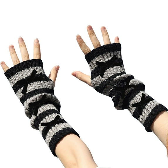 Chuancc Women's Long Fingerless Gloves - Warm Windproof Winter Knit Half Finger Typing Gloves with Wrist Cuff Black One Size