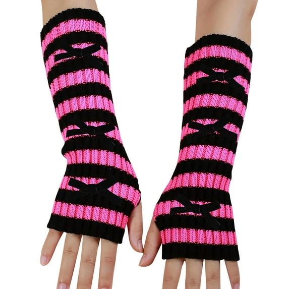 Chuancc Women's Long Fingerless Gloves - Warm Windproof Y2k Heart Print Knit Arm Sleeves Fingerless Mittens Hot Pink One Size