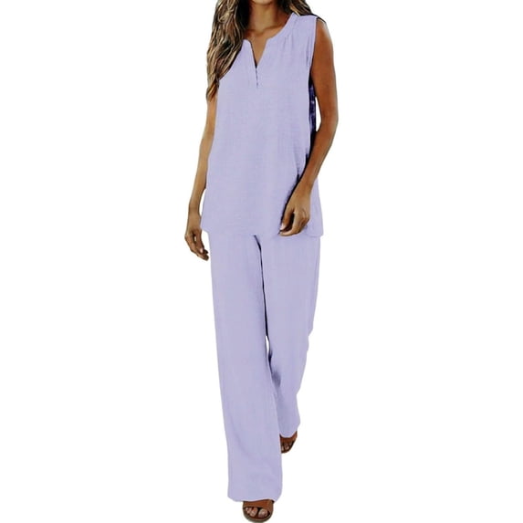 Chuancc Women's Summer 2 Piece Outfits Set Round neck Sleeveless Tank Crop Top Wide Leg pants Set Light Violet M