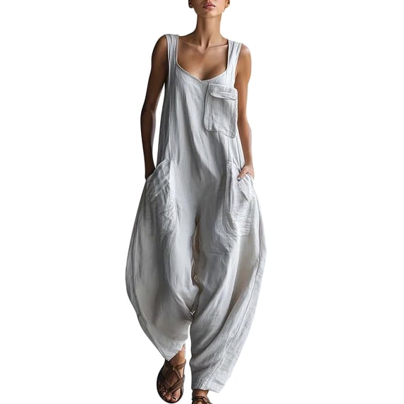 Chuancc Women's Summer Jumpsuits Boho Wide Leg Overalls Casual Loose Rompers with Pockets 2026 White XL