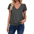 thumbnail image 1 of Chuancc Women's V Neck T Shirts, Summer Casual Short Sleeve Tops Loose Fit Rolled Sleeve Tees Trendy Shirts Gray M, 1 of 4