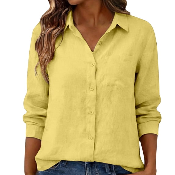 Chuancc Womens Button Down Shirt Linen Button Up Shirts for Women Long Sleeve Summer Shirt Collared Blouse Linen Tops Yellow 2XL