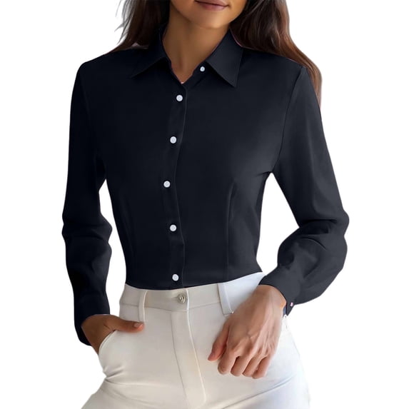 Chuancc Womens Dress Shirts Long Sleeve Button Down Shirt Business Casual Blouse Office Work Tops Black L
