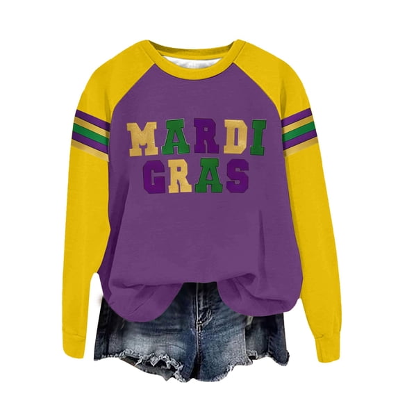 Chuancc Womens Long Sleeve Shirts Kangaroo Pocket,Mardi Gras Shirt Sequin Sparkly Crewneck Sweater Vintage Graphic Outfits Tops Womens Sweatshirts No Hood Graphic Sweatshirts Purple 3XL