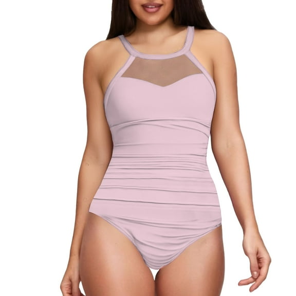 ChuanccWomens One Piece Swimsuits Tummy Control Swimsuits Women Tummy Swimsuit Mesh High Neck Bathing Suit Plus Size Swimsuit Tops For Women Pink L