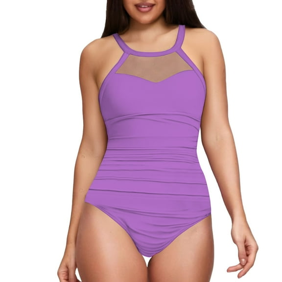 ChuanccWomens One Piece Swimsuits Tummy Control Swimsuits Women Tummy Swimsuit Mesh High Neck Bathing Suit Plus Size Swimsuit Tops For Women Purple L
