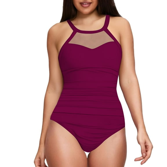 ChuanccWomens One Piece Swimsuits Tummy Control Swimsuits Women Tummy Swimsuit Mesh High Neck Bathing Suit Plus Size Swimsuit Tops For Women Red M
